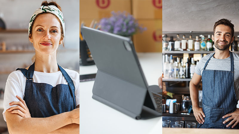 Two people wearing aprons are shown separately on the left and right, with a tablet on a white desk in the center image.