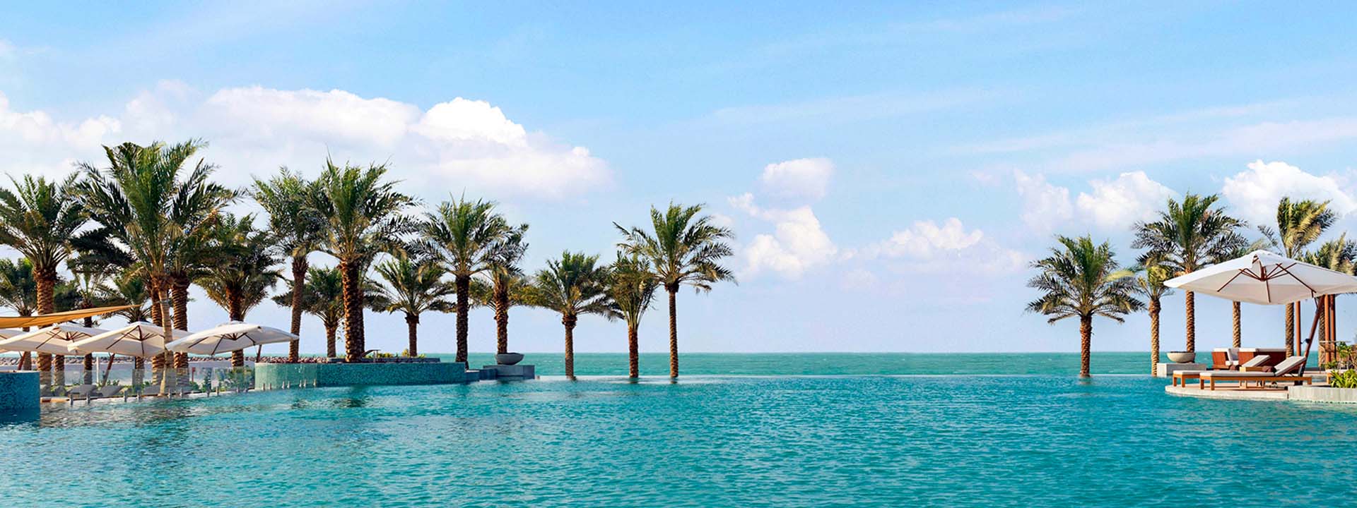 Infinity pool overlooking the ocean, lined with palm trees and shaded lounge areas under umbrellas.