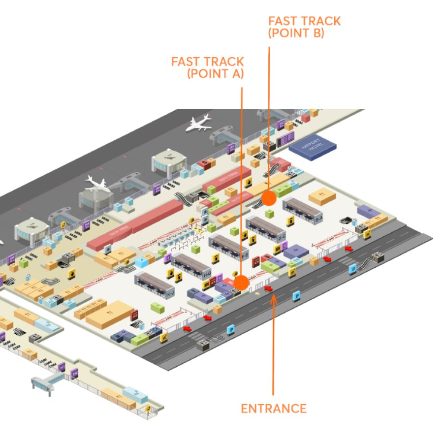 A map with Fast Track points for international departures at the Sabiha Gokcen Airport in Istanbul